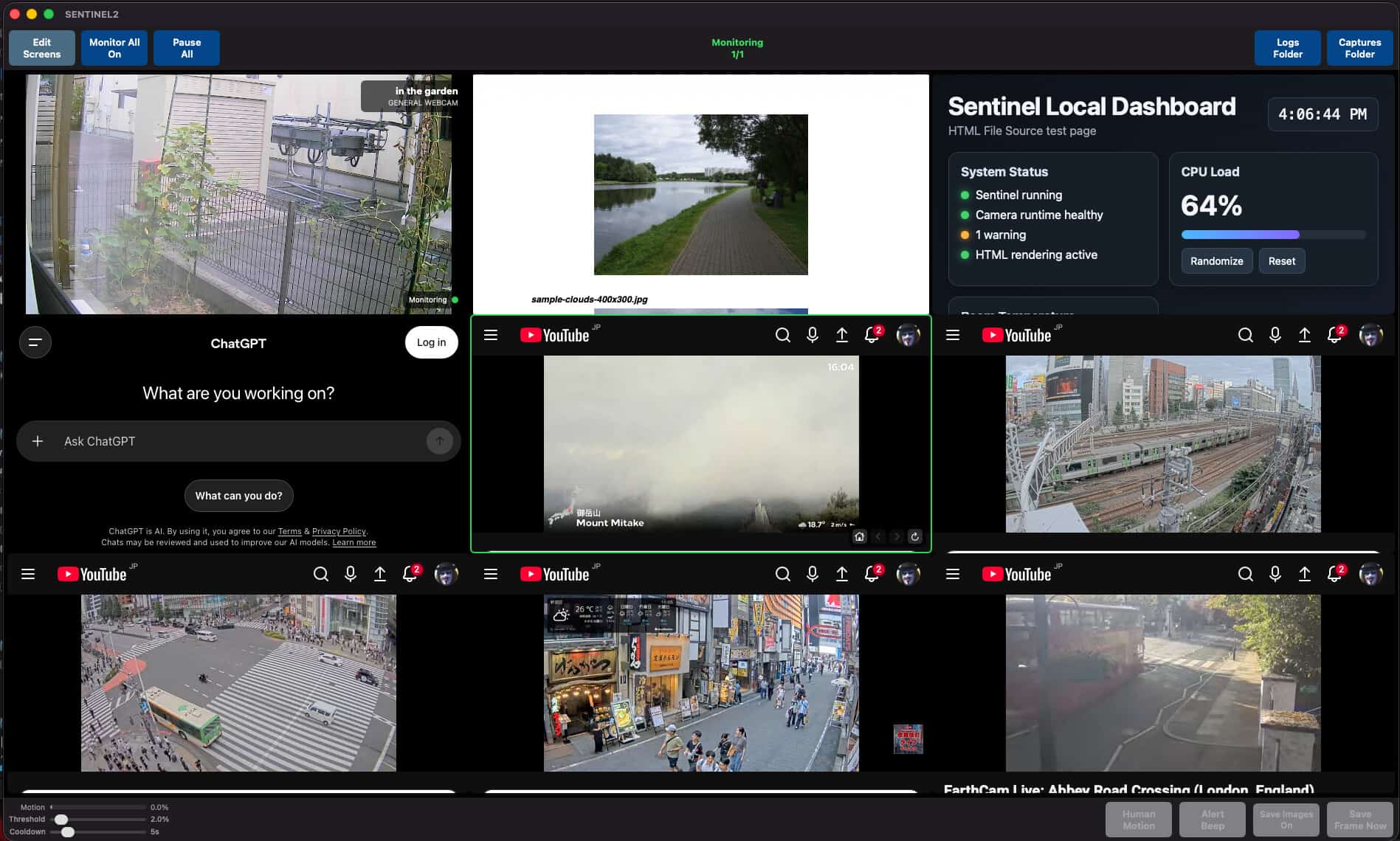 Sentinel nine-screen layout with mixed sources.