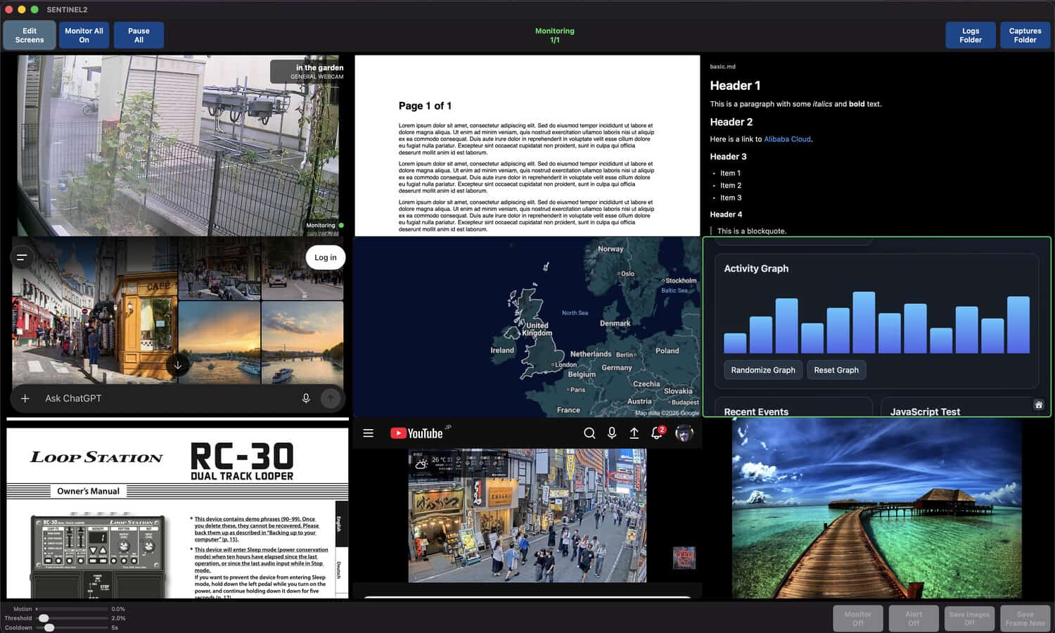 Sentinel dashboard showing cameras, documents, maps, dashboards, and live information.