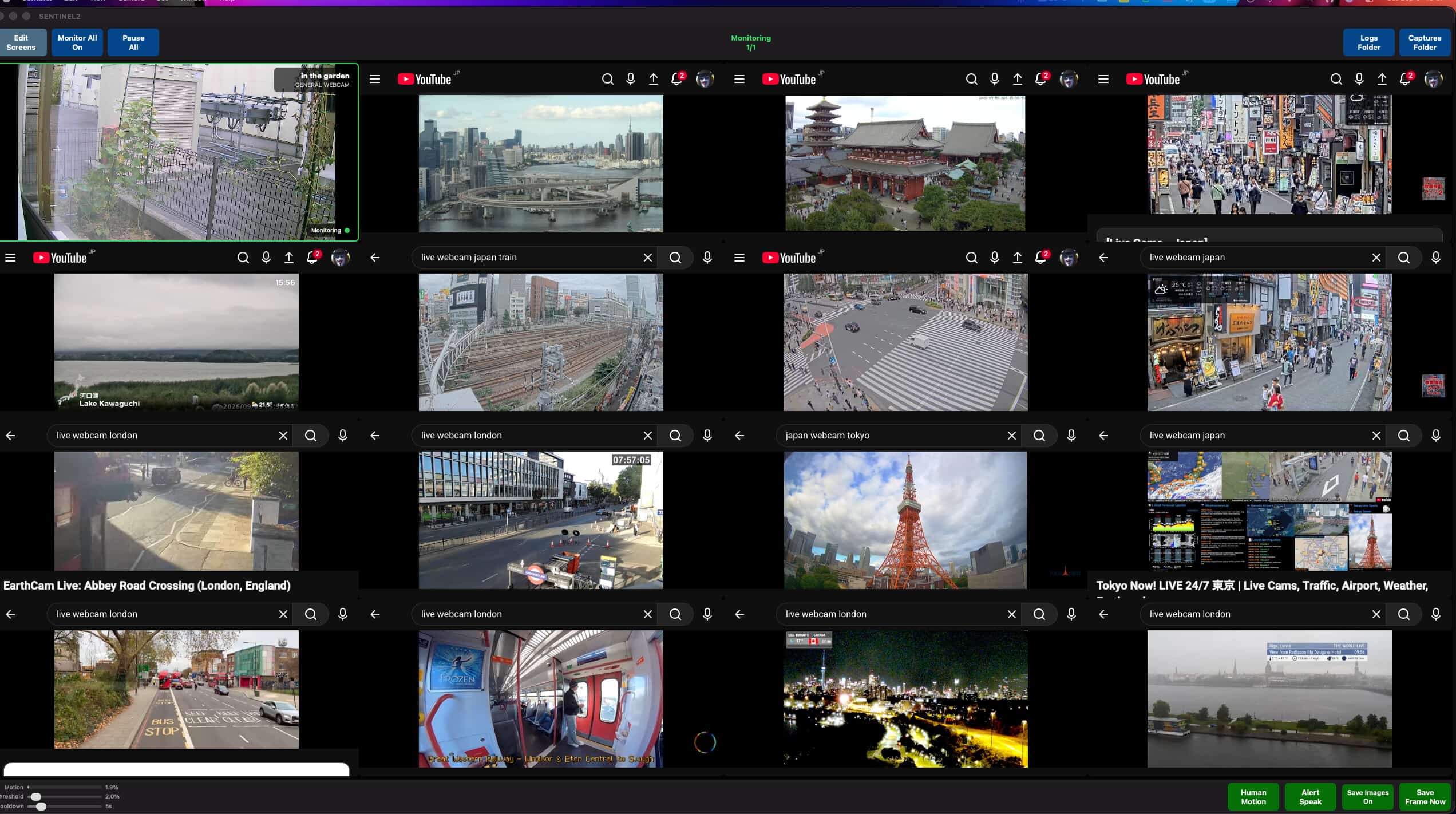 Sentinel sixteen-screen layout with multiple live sources.